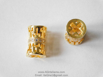 CZ Pave Barrel Tube Cross Aztec Bead, Cubic Zirconia Gold Plated Focal Bead Spacers for Bracelets